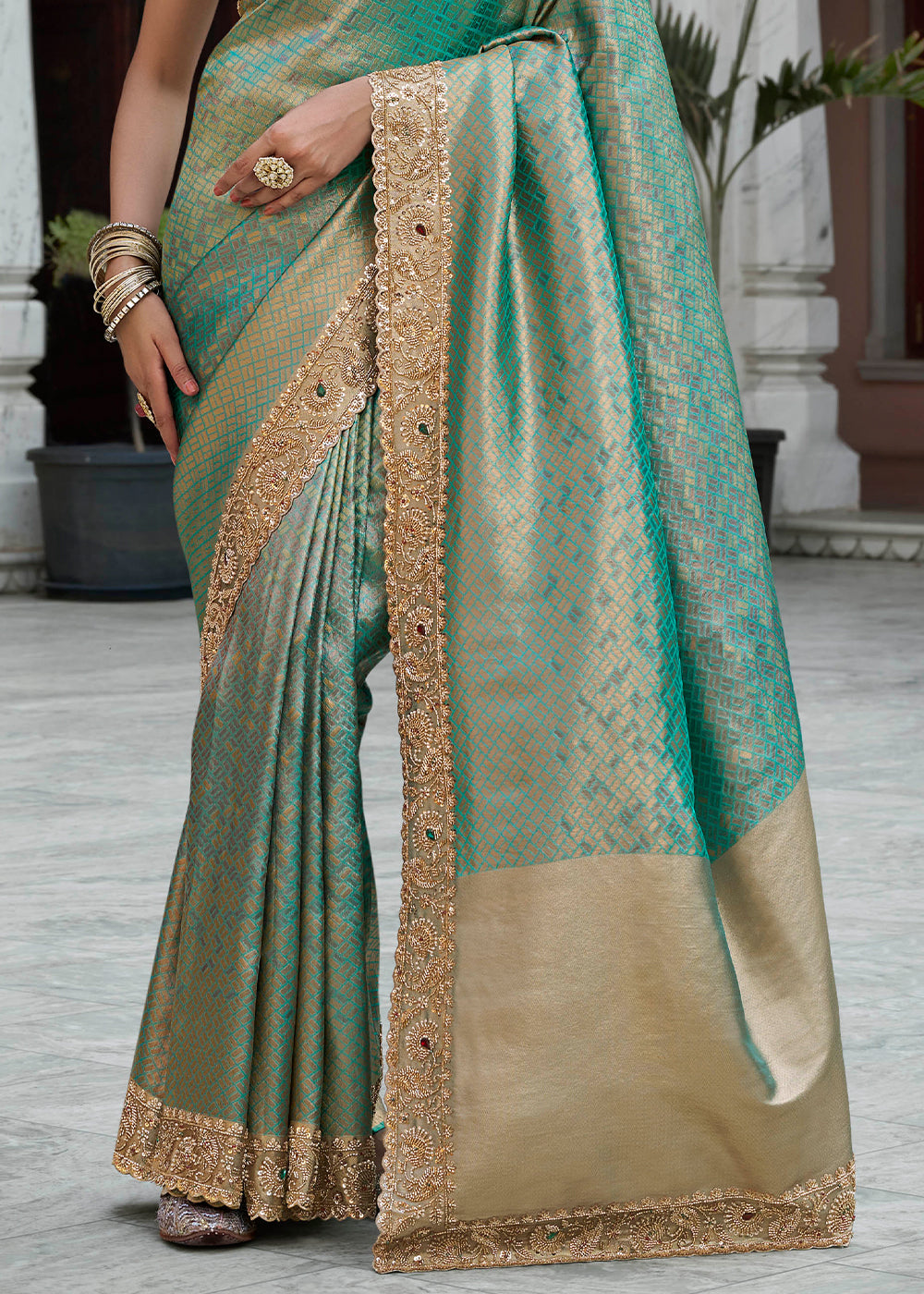 Turquoise Blue and Gold-Tone Soft Silk Wedding Saree with Sequin and Beadwork Border