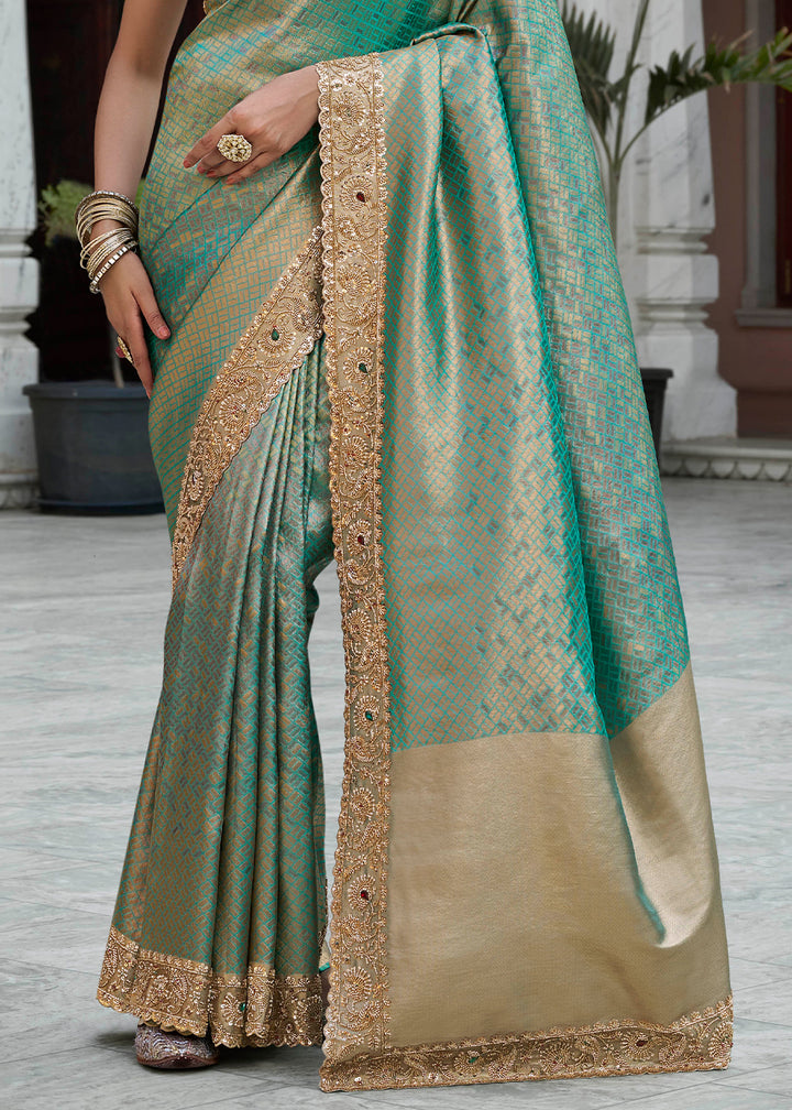 Turquoise Blue and Gold-Tone Soft Silk Wedding Saree with Sequin and Beadwork Border