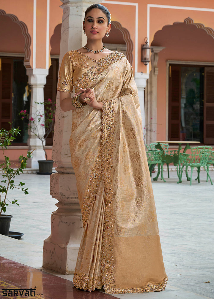 Champagne Beige and Gold Two-Tone Soft Silk Wedding Saree with Stone and Beadwork Border