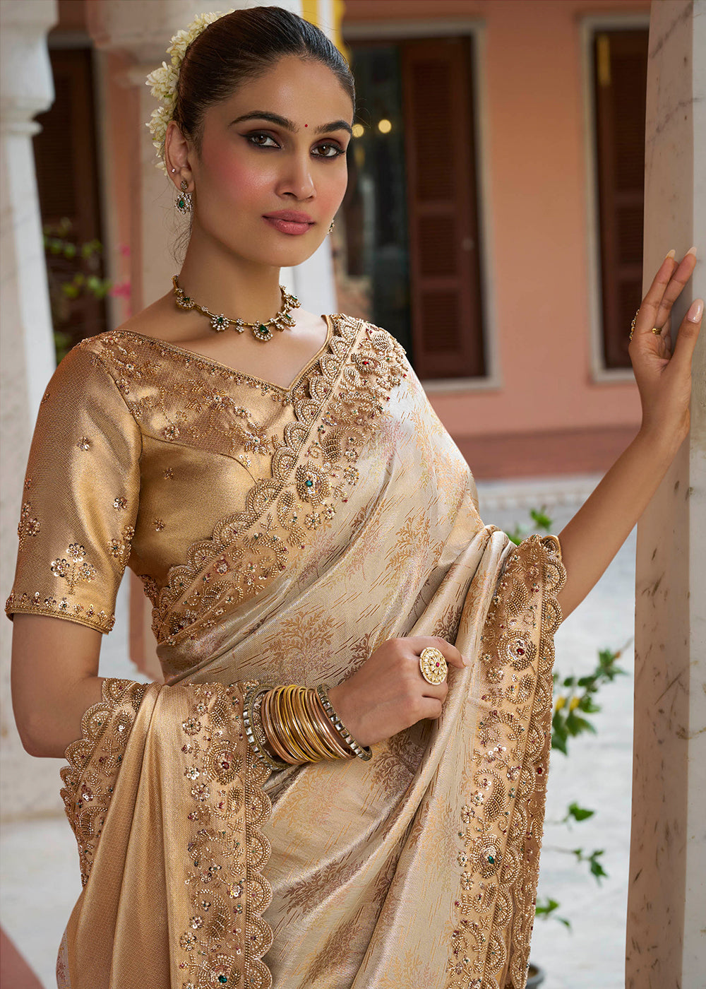 Champagne Beige and Gold Two-Tone Soft Silk Wedding Saree with Stone and Beadwork Border