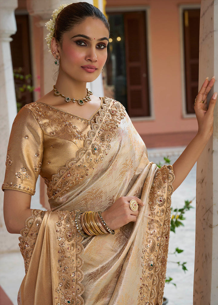 Champagne Beige and Gold Two-Tone Soft Silk Wedding Saree with Stone and Beadwork Border