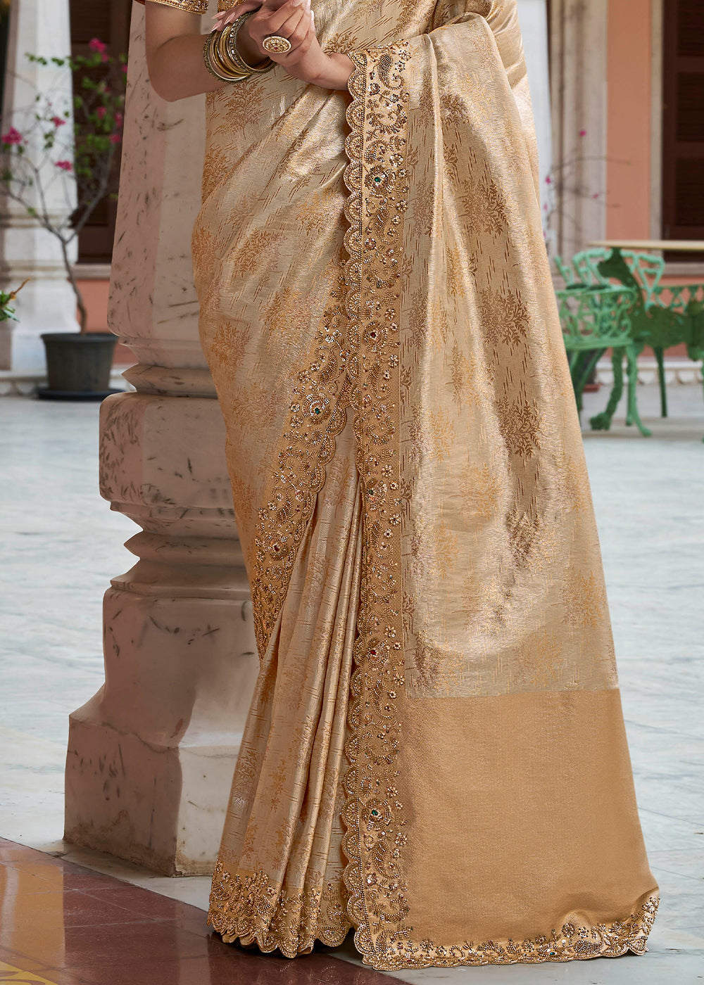 Champagne Beige and Gold Two-Tone Soft Silk Wedding Saree with Stone and Beadwork Border