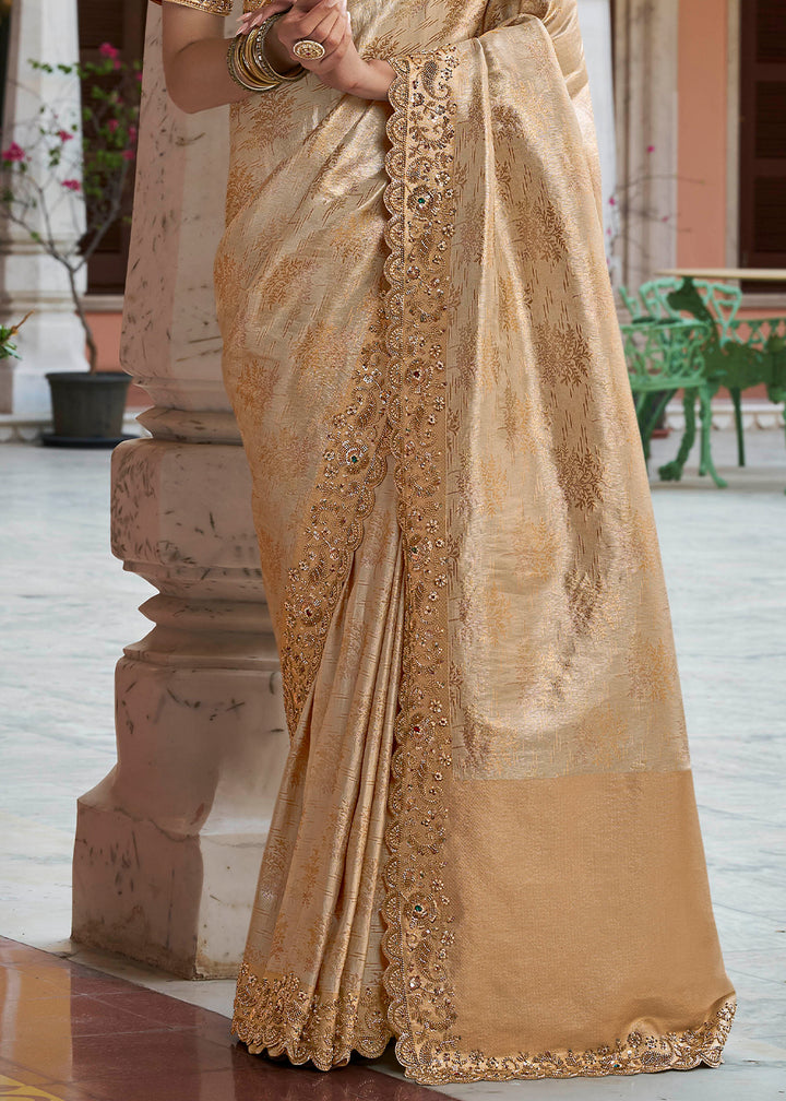 Champagne Beige and Gold Two-Tone Soft Silk Wedding Saree with Stone and Beadwork Border