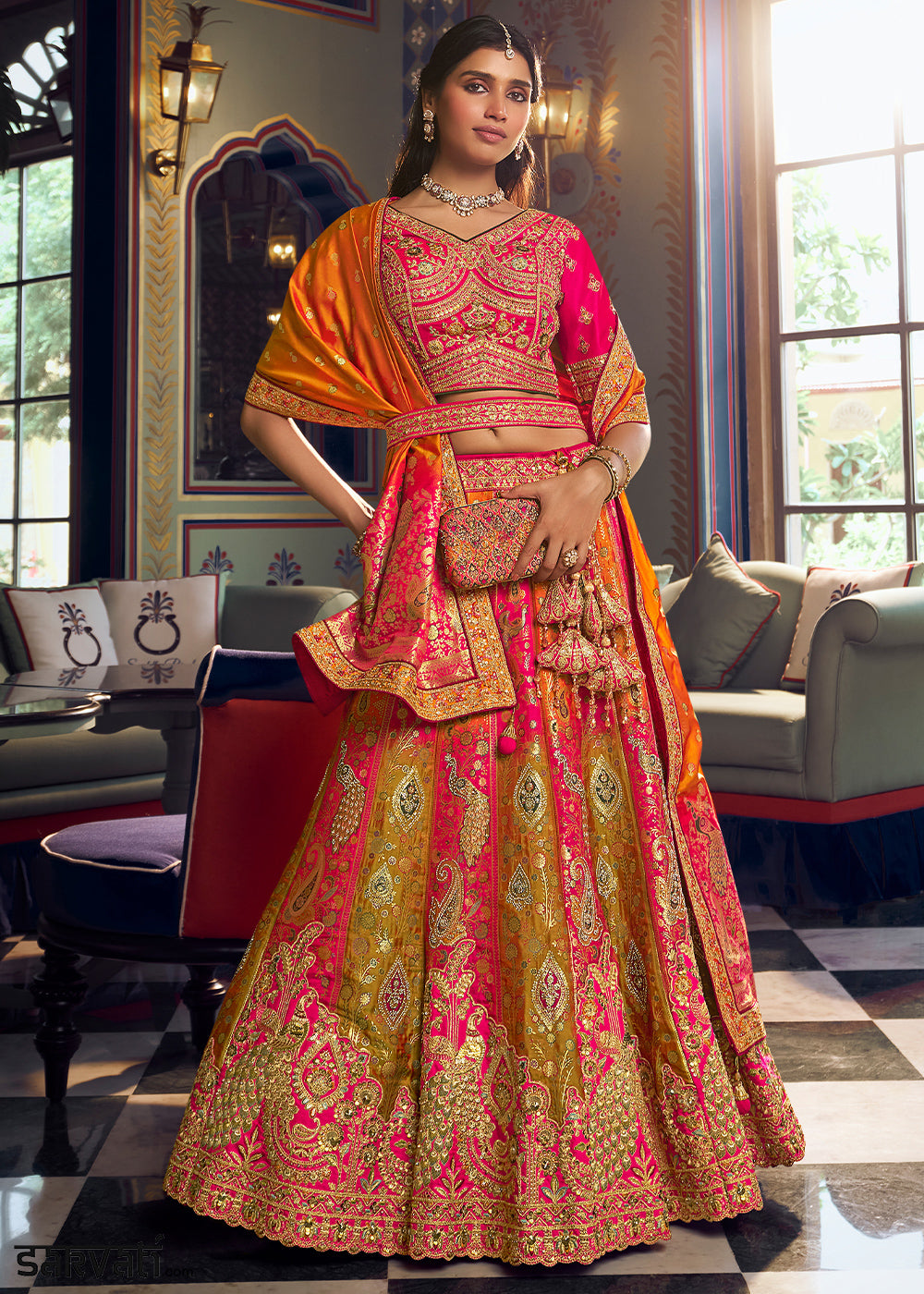 Green &amp; Pink Banarasi Silk Lehenga Choli with Swarovski, Sequin &amp; Zari Handwork
