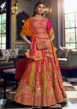Green & Pink Banarasi Silk Lehenga Choli with Swarovski, Sequin & Zari Handwork
