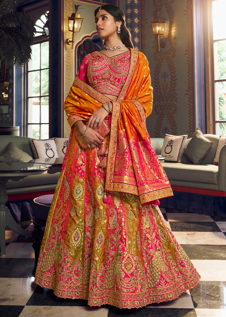 Green &amp; Pink Banarasi Silk Lehenga Choli with Swarovski, Sequin &amp; Zari Handwork