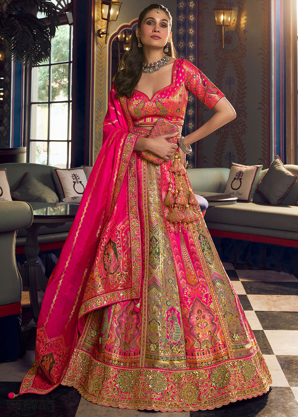 Mountbatten Pink Banarasi Silk Lehenga with Swarovski, Sequin &amp; Zari Handwork