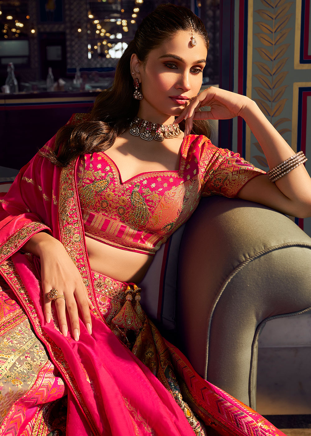 Mountbatten Pink Banarasi Silk Lehenga with Swarovski, Sequin &amp; Zari Handwork