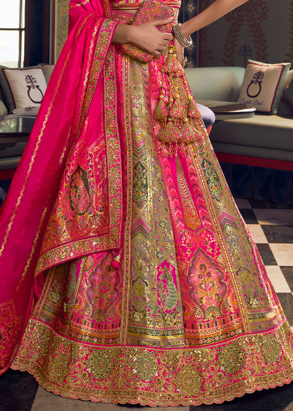 Mountbatten Pink Banarasi Silk Lehenga with Swarovski, Sequin &amp; Zari Handwork