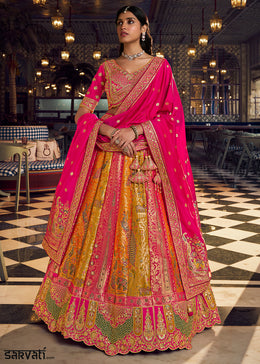 Yellow & Pink Banarasi Silk Lehenga Choli with Swarovski, Sequin & Zari Handwork