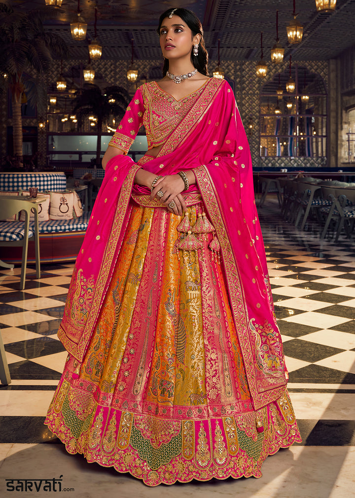 Yellow &amp; Pink Banarasi Silk Lehenga Choli with Swarovski, Sequin &amp; Zari Handwork