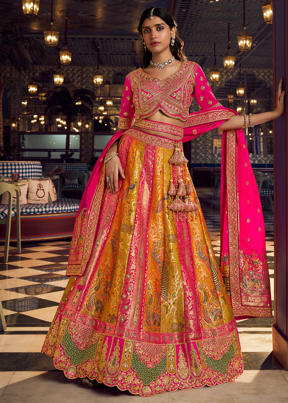 Yellow & Pink Banarasi Silk Lehenga Choli with Swarovski, Sequin & Zari Handwork