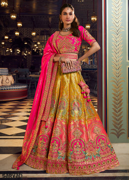 Shades Of Yellow & Pink Banarasi Silk Lehenga Choli with Swarovski, Sequin & Zari Handwork