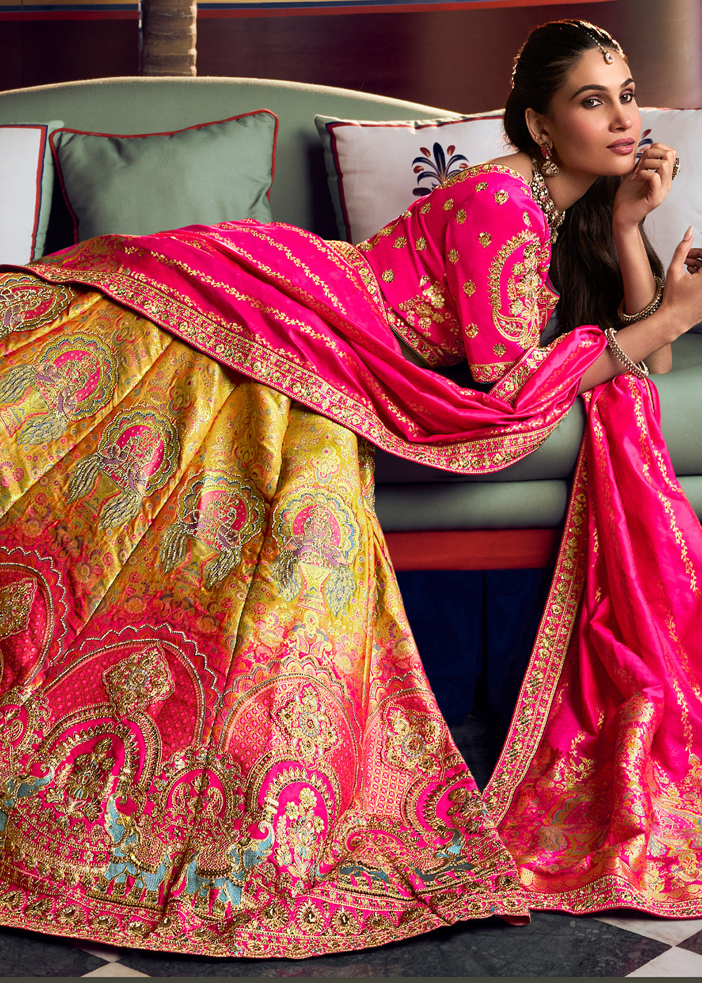 Shades Of Yellow & Pink Banarasi Silk Lehenga Choli with Swarovski, Sequin & Zari Handwork