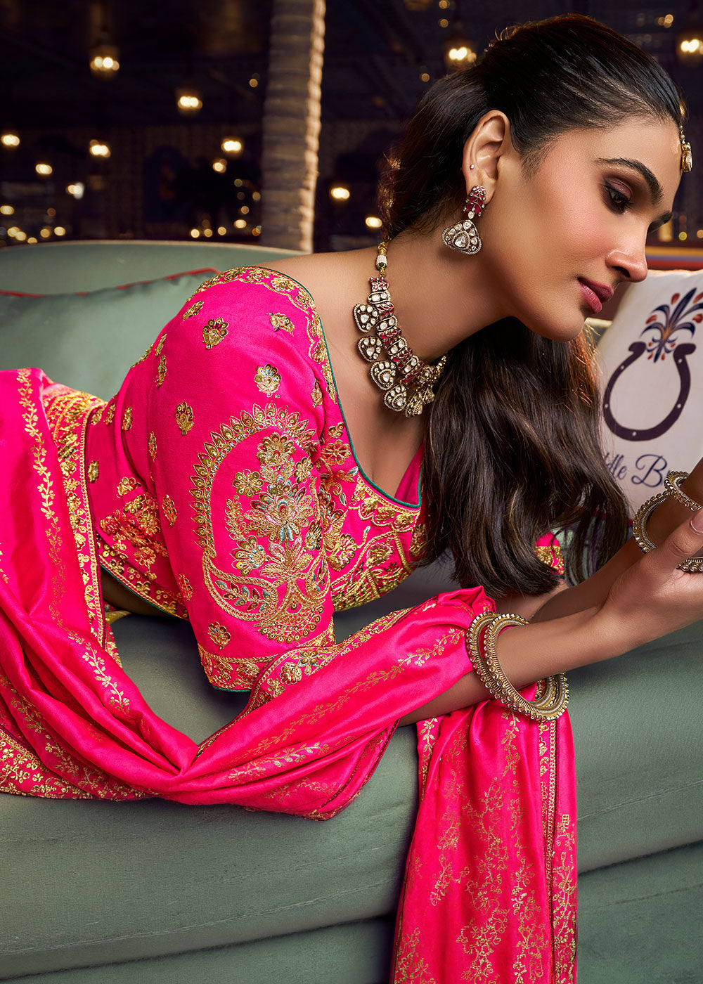 Tones of Pink Banarasi Silk Lehenga with Swarovski, Sequin &amp; Zari Handwork