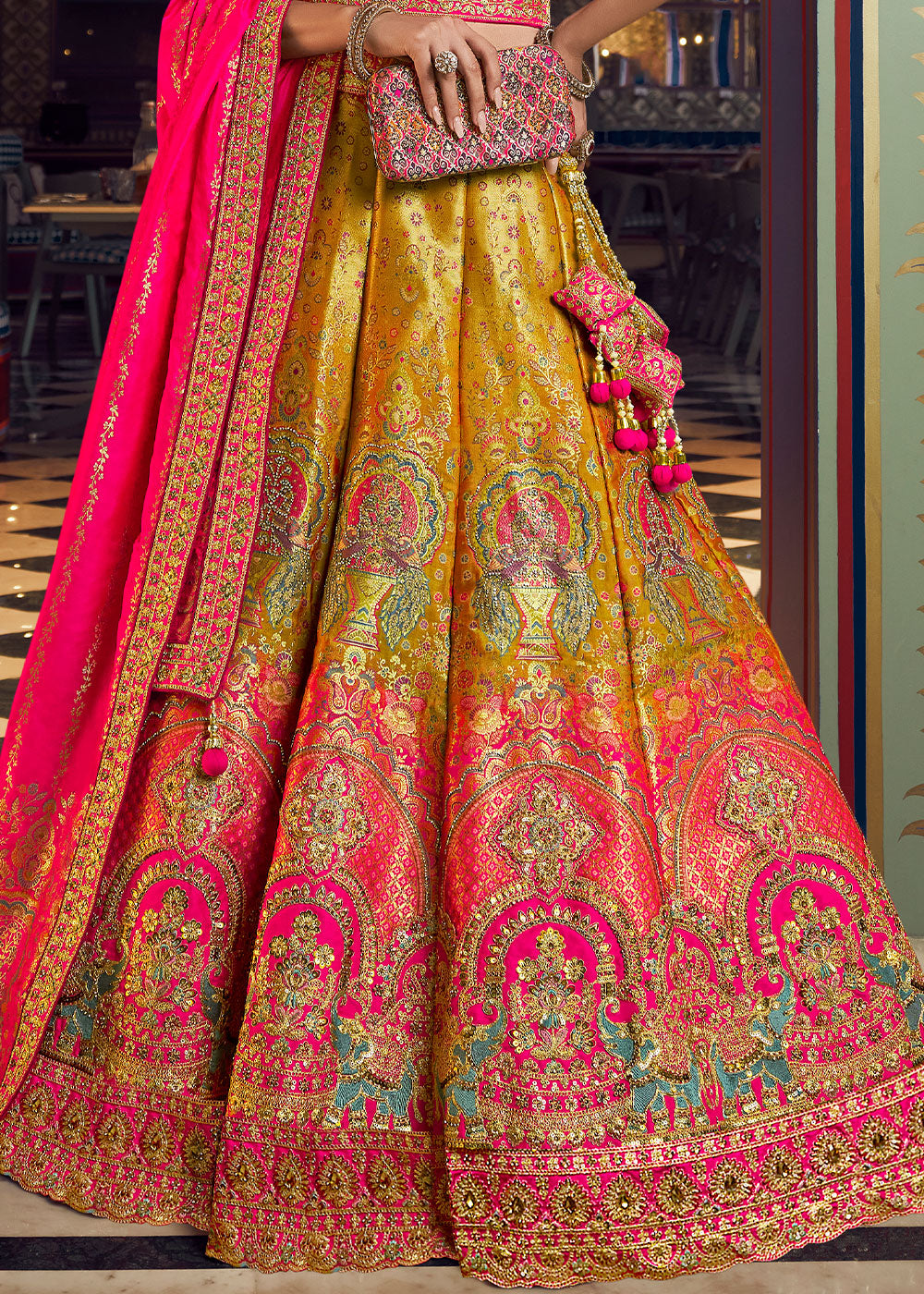 Tones of Pink Banarasi Silk Lehenga with Swarovski, Sequin &amp; Zari Handwork