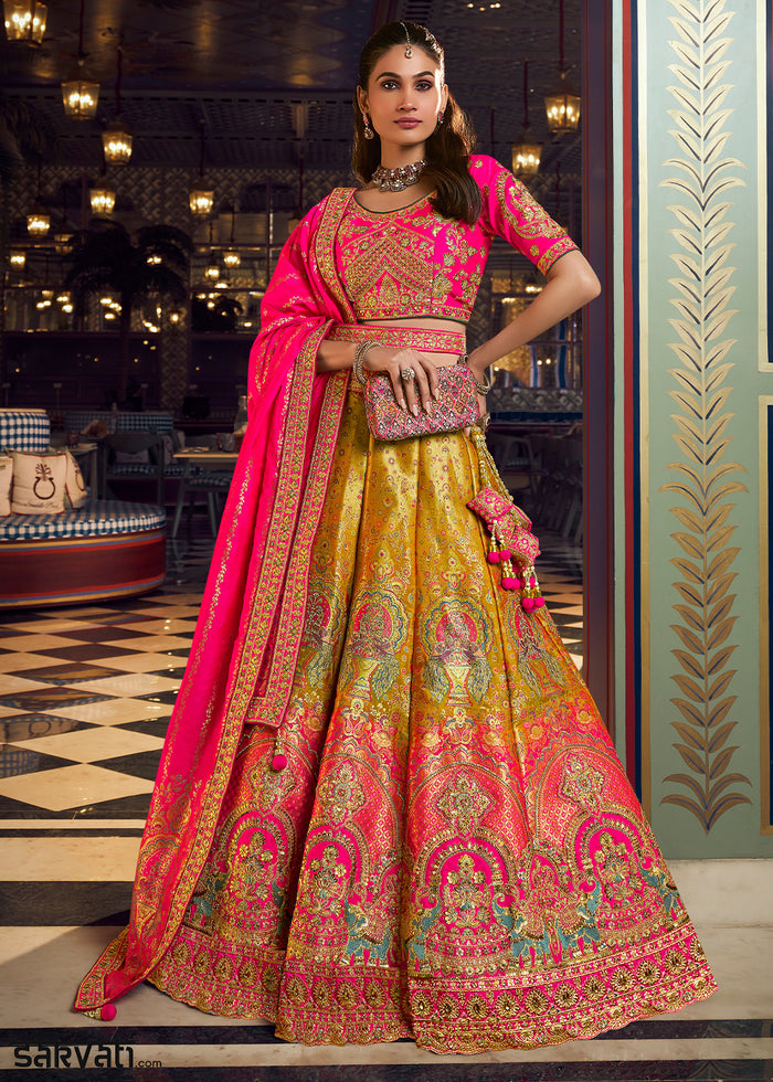 Shades Of Yellow & Pink Banarasi Silk Lehenga Choli with Swarovski, Sequin & Zari Handwork