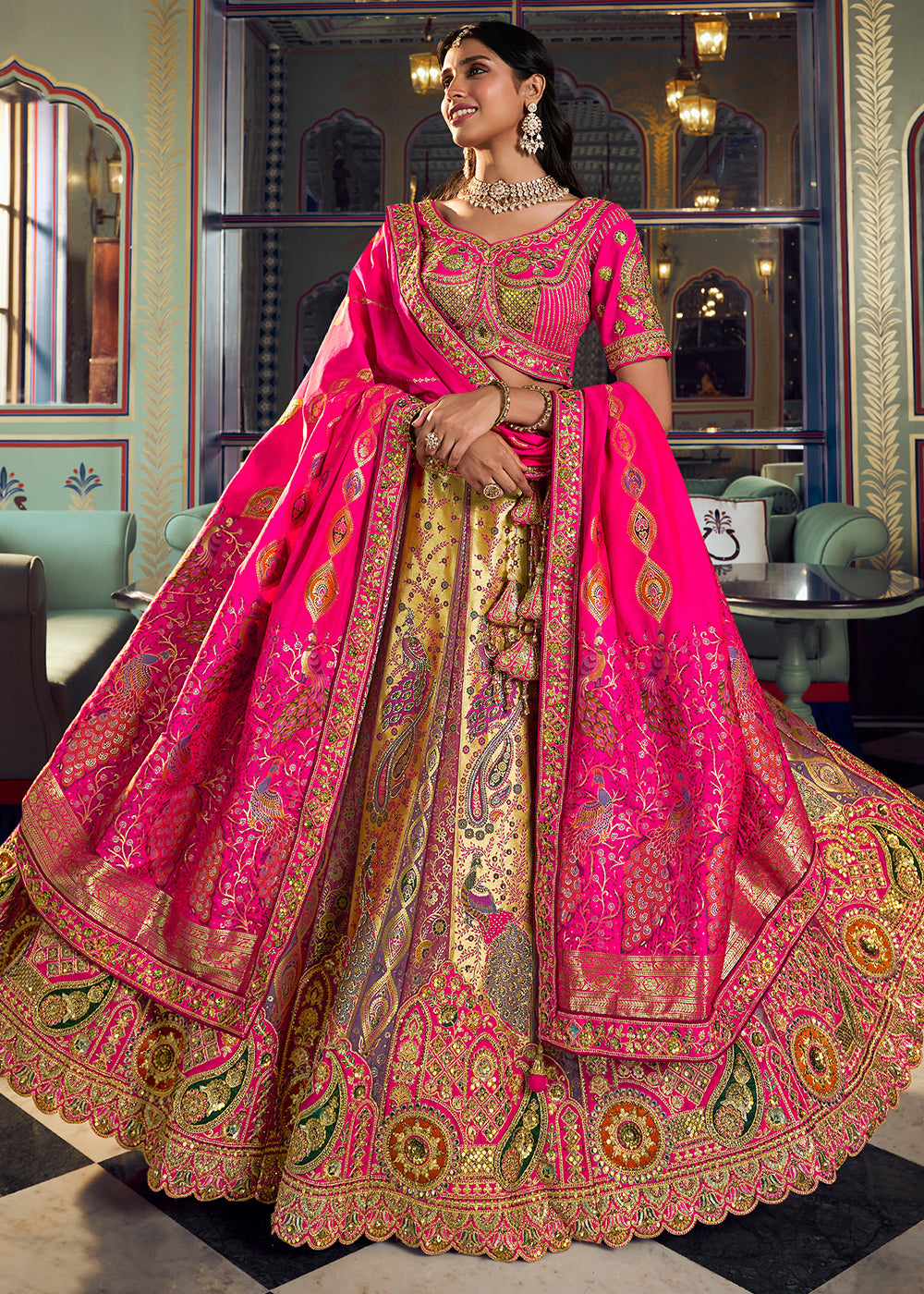 Multi Colored Banarasi Silk Lehenga Choli with Swarovski, Sequin & Zari Handwork