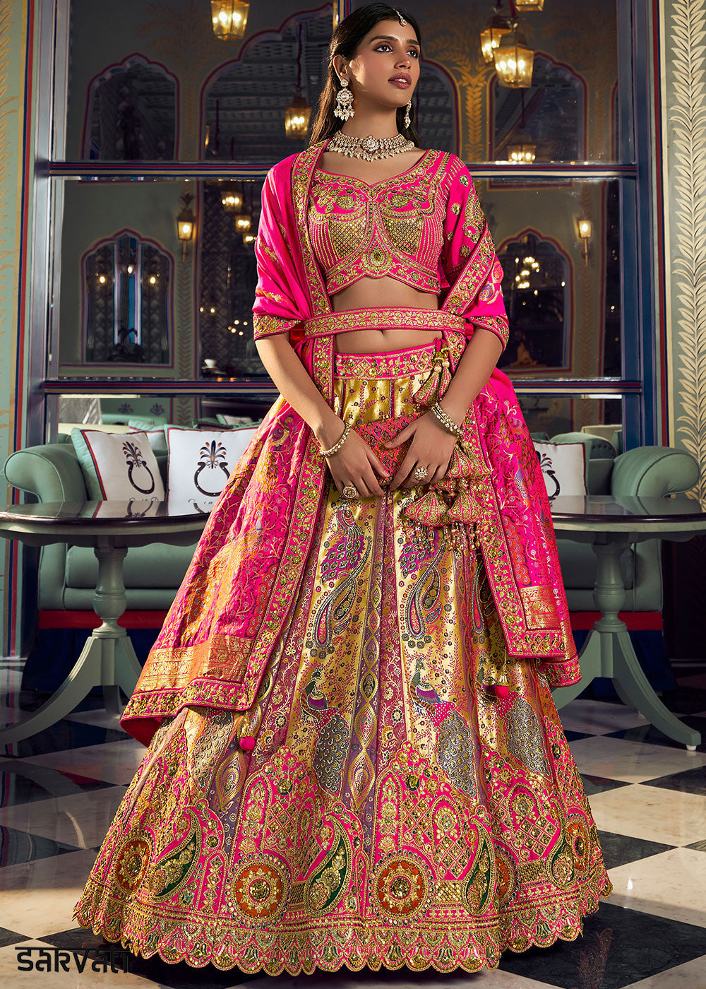 Golden Yellow Banarasi Silk Lehenga with Swarovski, Sequin &amp; Zari Handwork