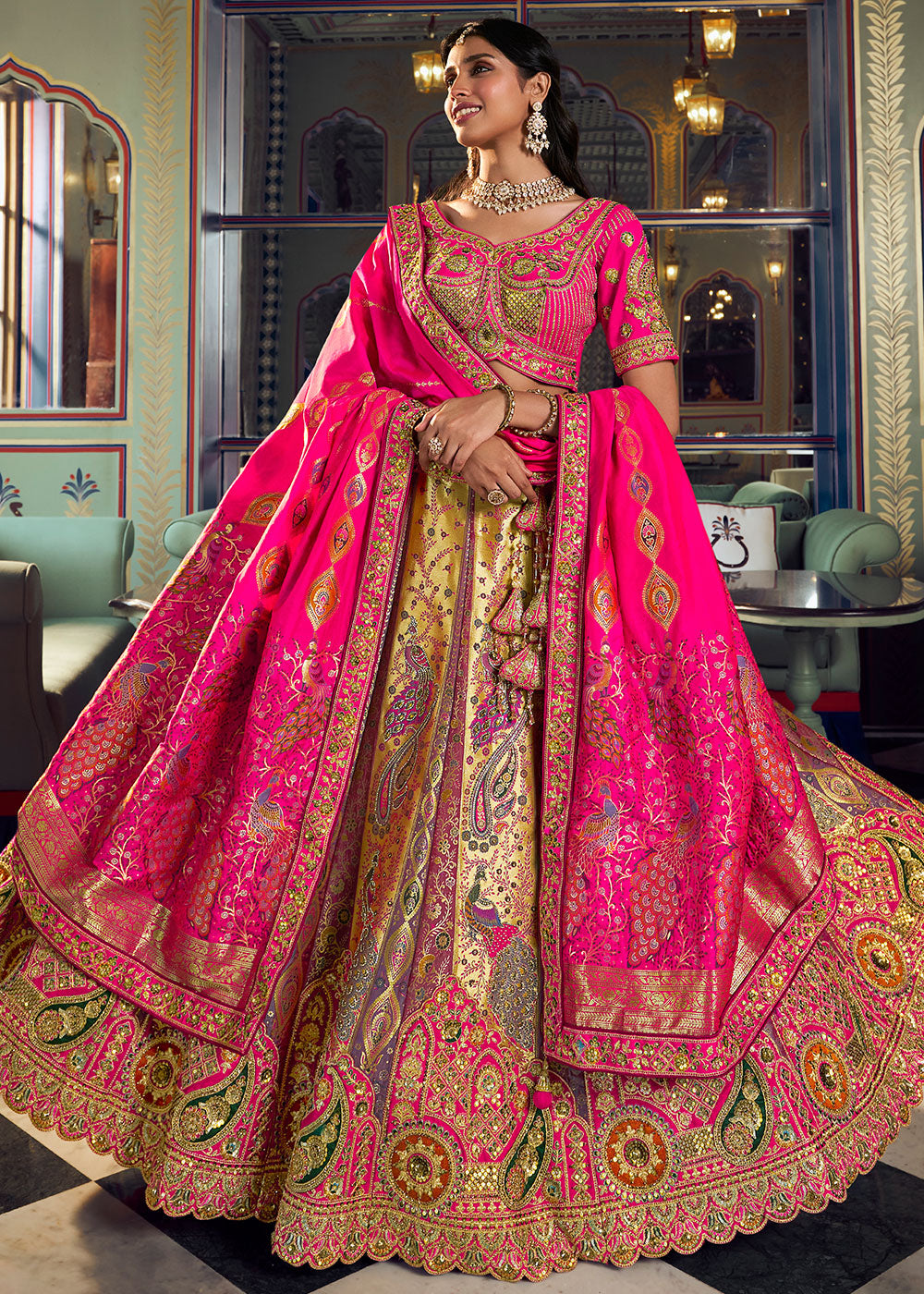 Golden Yellow Banarasi Silk Lehenga with Swarovski, Sequin &amp; Zari Handwork