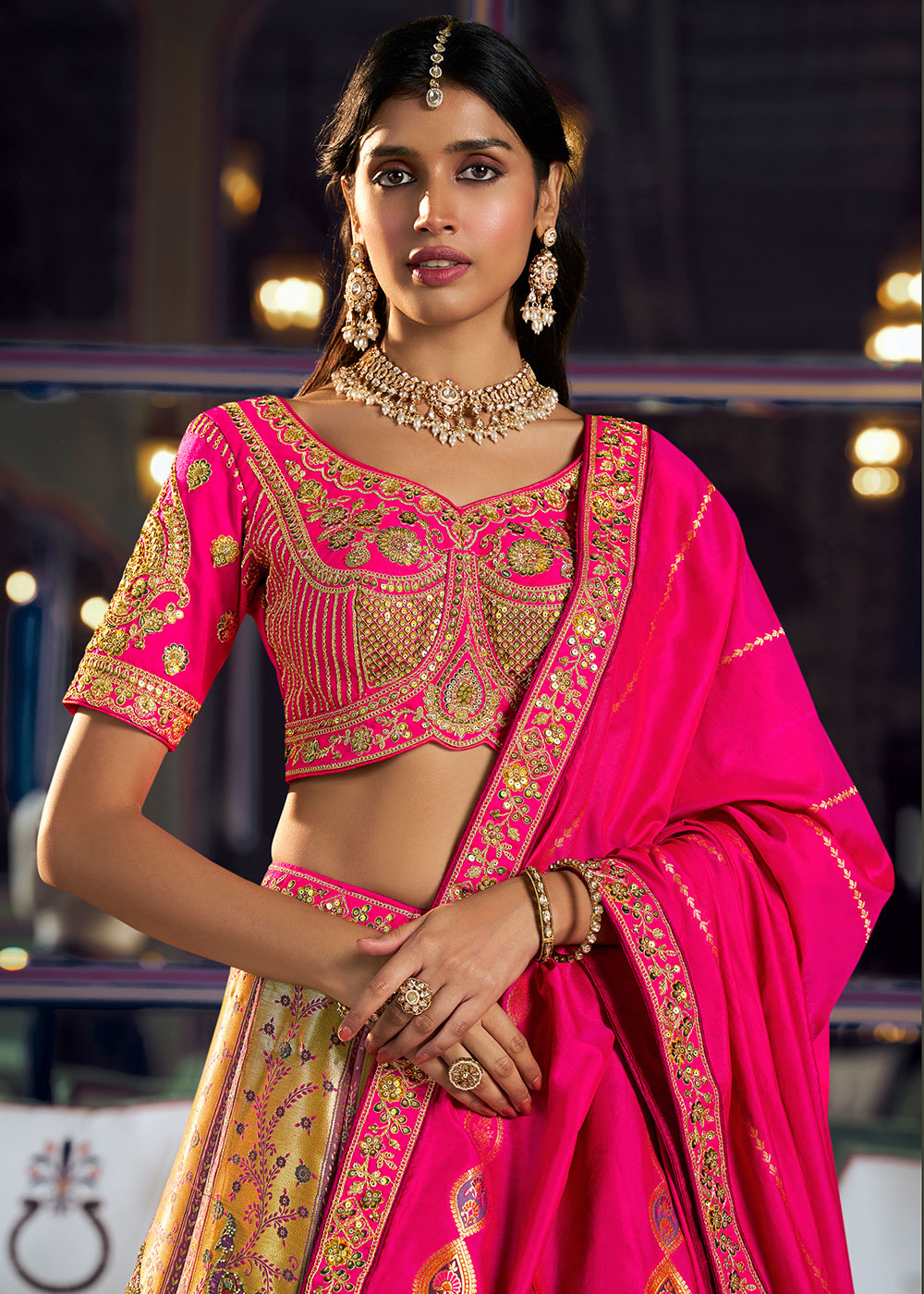 Golden Yellow Banarasi Silk Lehenga with Swarovski, Sequin &amp; Zari Handwork