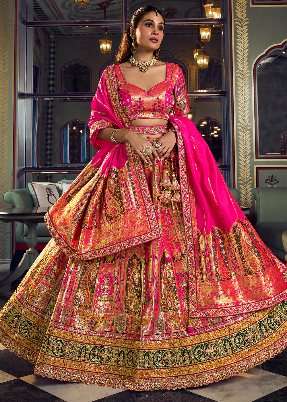 Hot Pink Banarasi Silk Lehenga Choli with Swarovski, Sequin & Zari Handwork