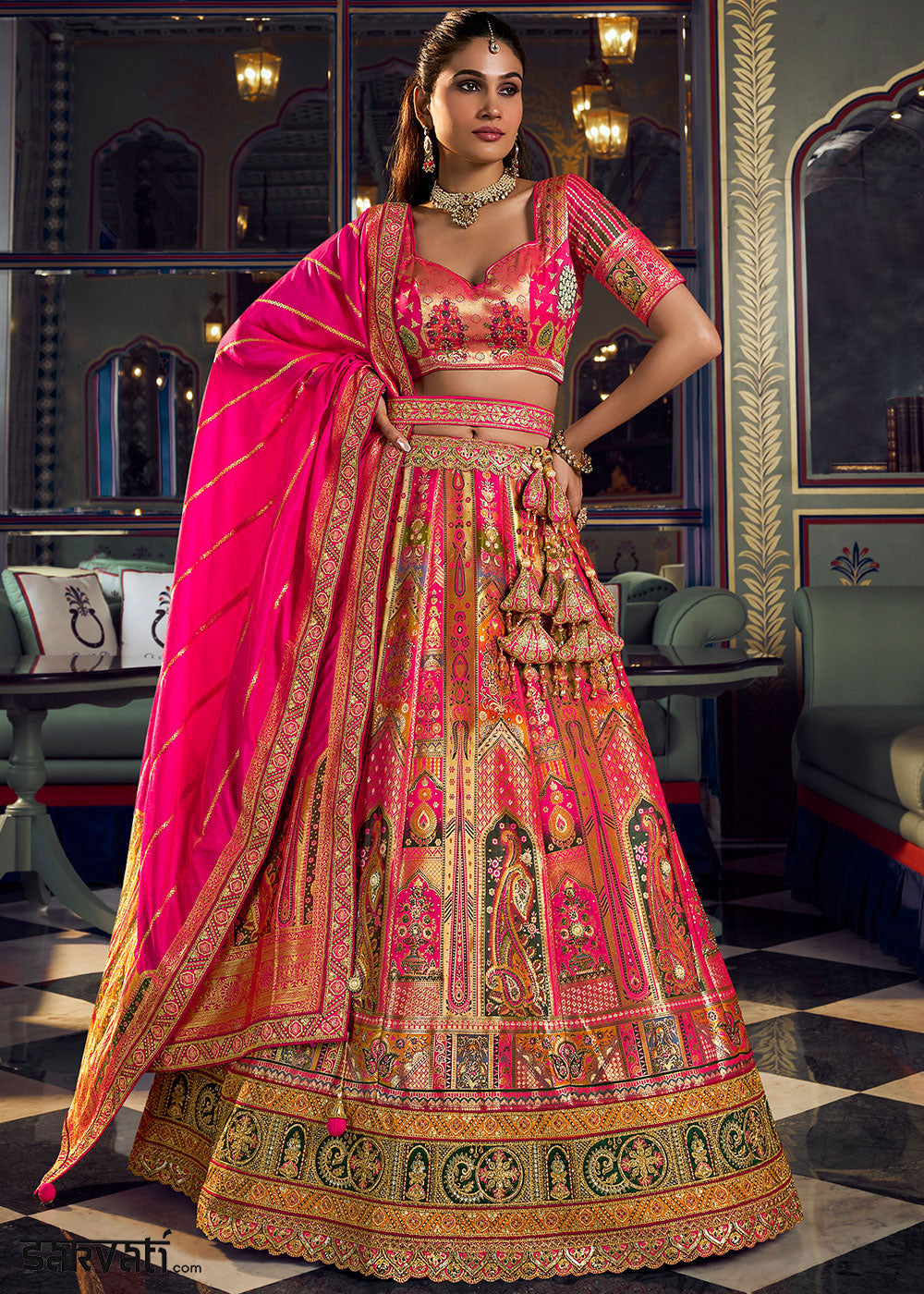 Rani Pink Banarasi Silk Lehenga with Swarovski, Sequin &amp; Zari Handwork