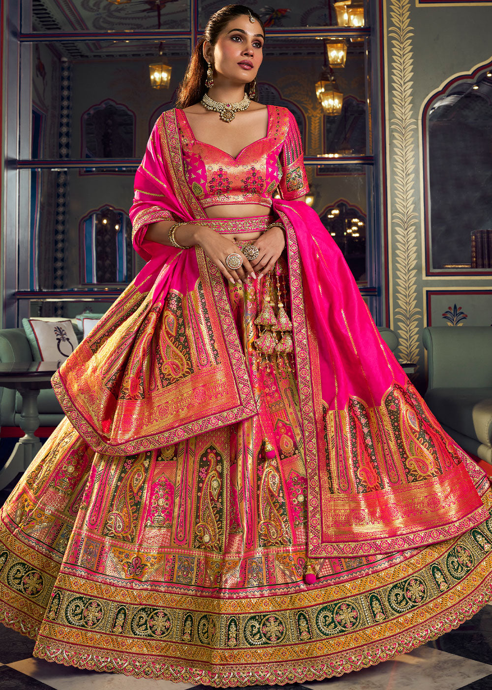 Rani Pink Banarasi Silk Lehenga with Swarovski, Sequin &amp; Zari Handwork