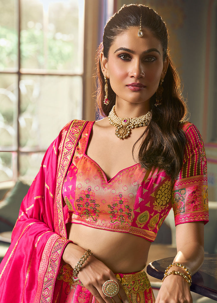 Rani Pink Banarasi Silk Lehenga with Swarovski, Sequin &amp; Zari Handwork
