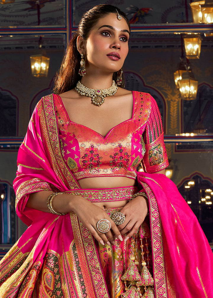 Rani Pink Banarasi Silk Lehenga with Swarovski, Sequin &amp; Zari Handwork
