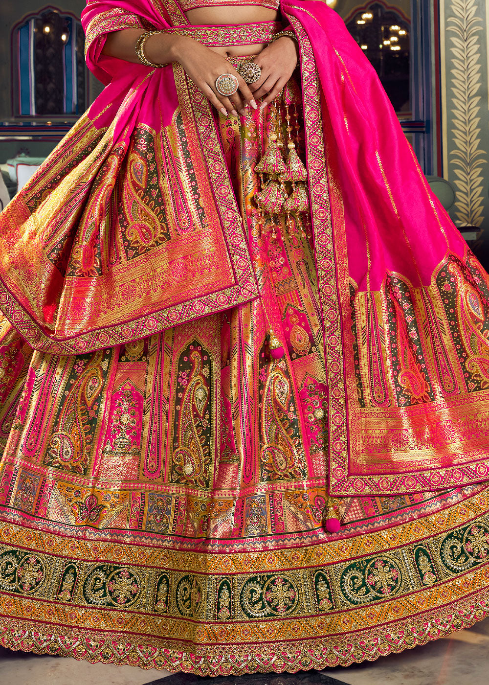 Rani Pink Banarasi Silk Lehenga with Swarovski, Sequin &amp; Zari Handwork