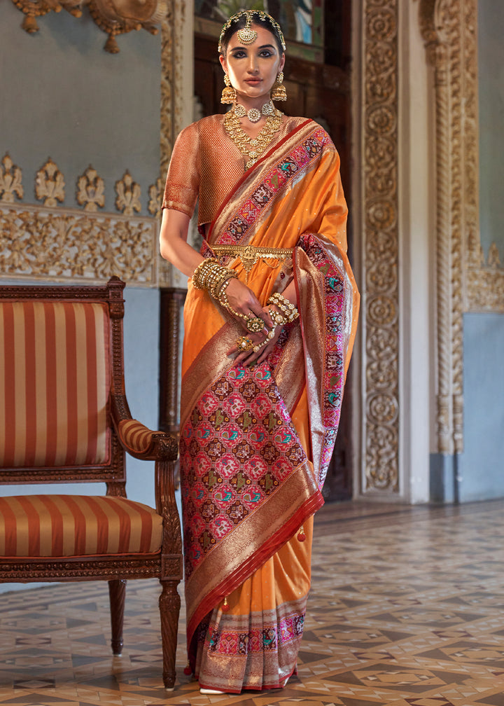 Apricot Orange Banarasi Silk Saree with Rich Patola Design and Zari Highlights