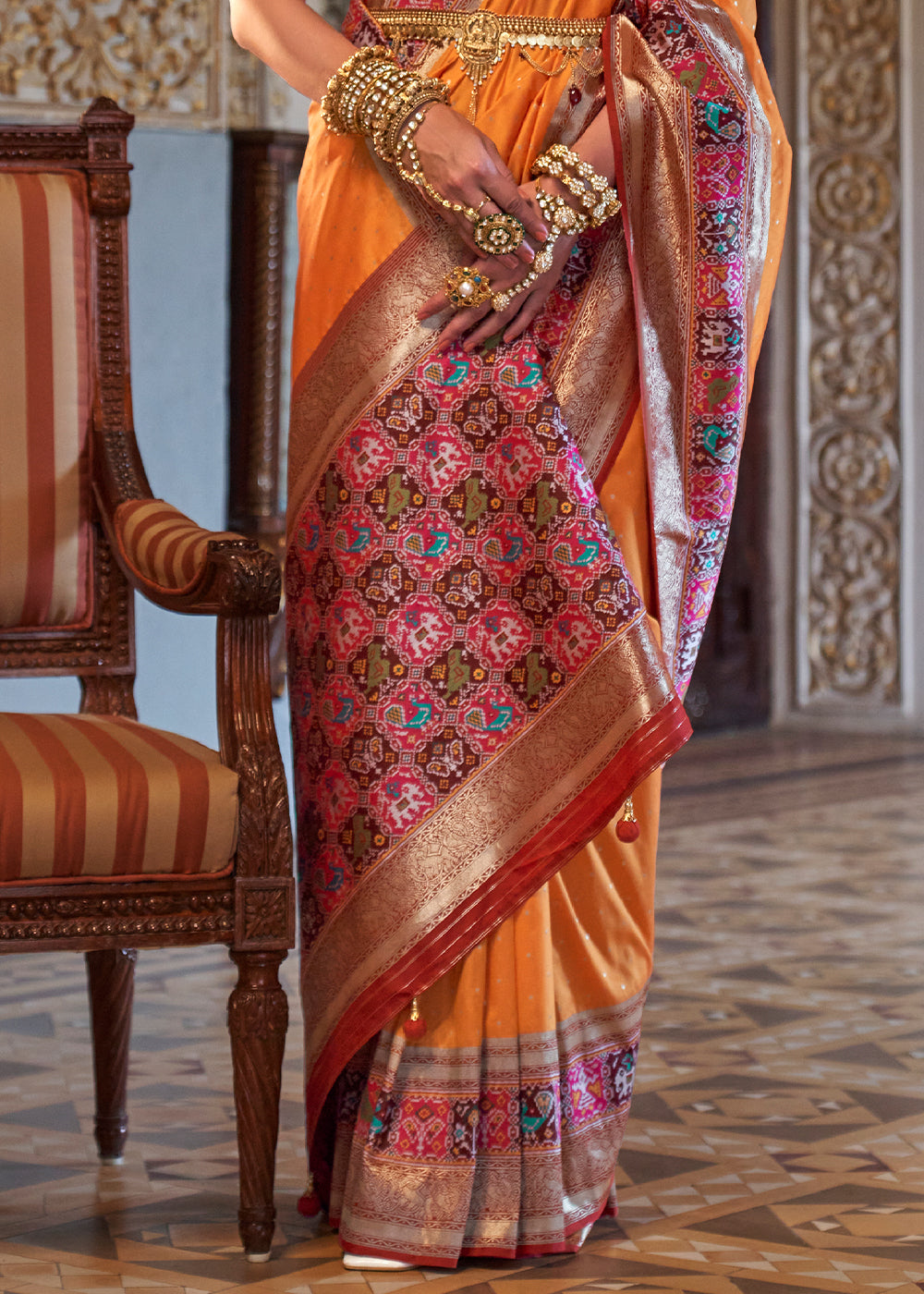 Apricot Orange Banarasi Silk Saree with Rich Patola Design and Zari Highlights