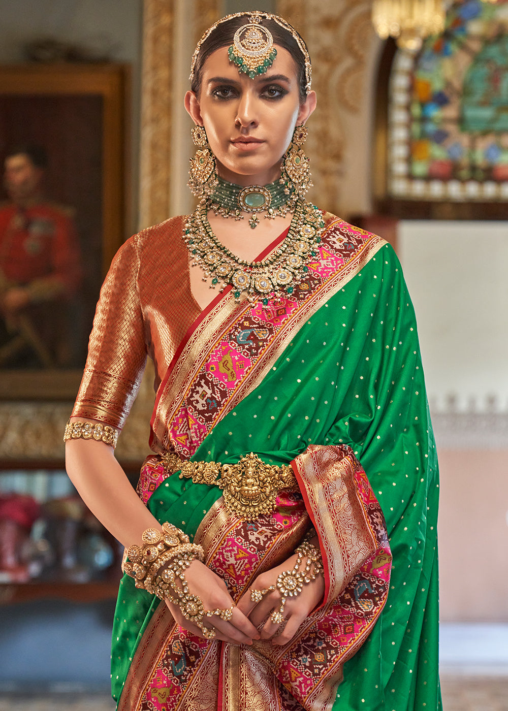 Jungle Green Banarasi Silk Saree with Rich Patola Design and Zari Highlights