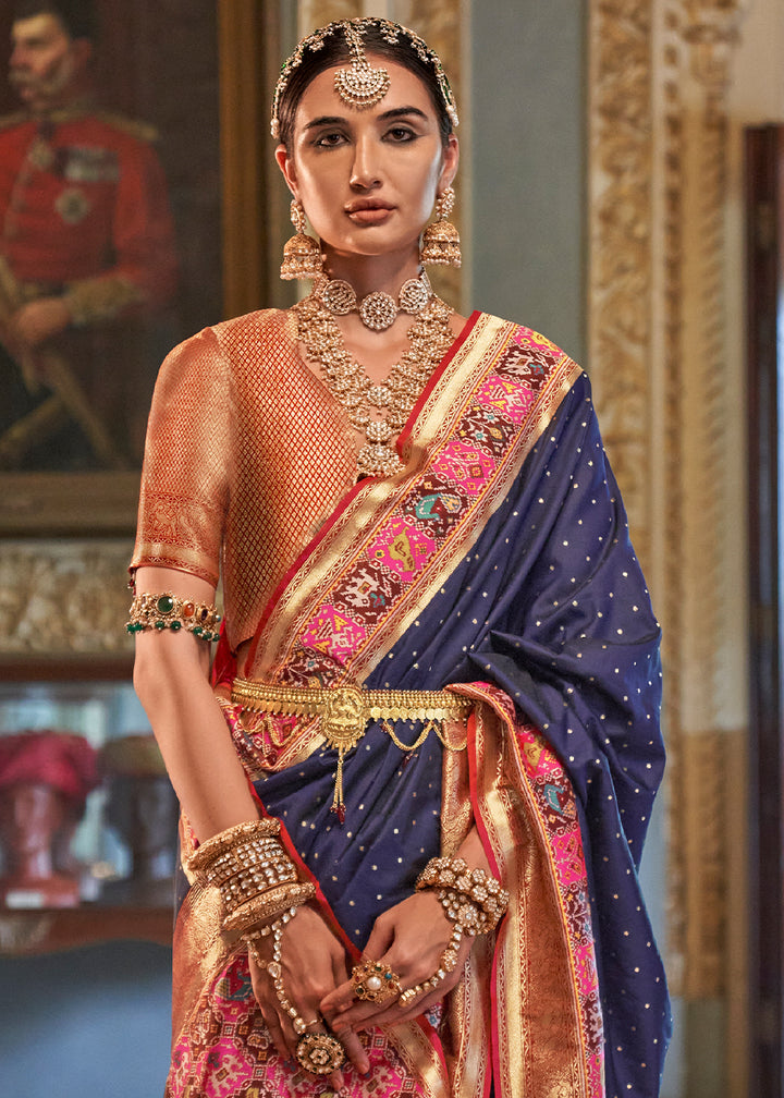 Navy Blue Banarasi Silk Saree with Rich Patola Design and Zari Highlights