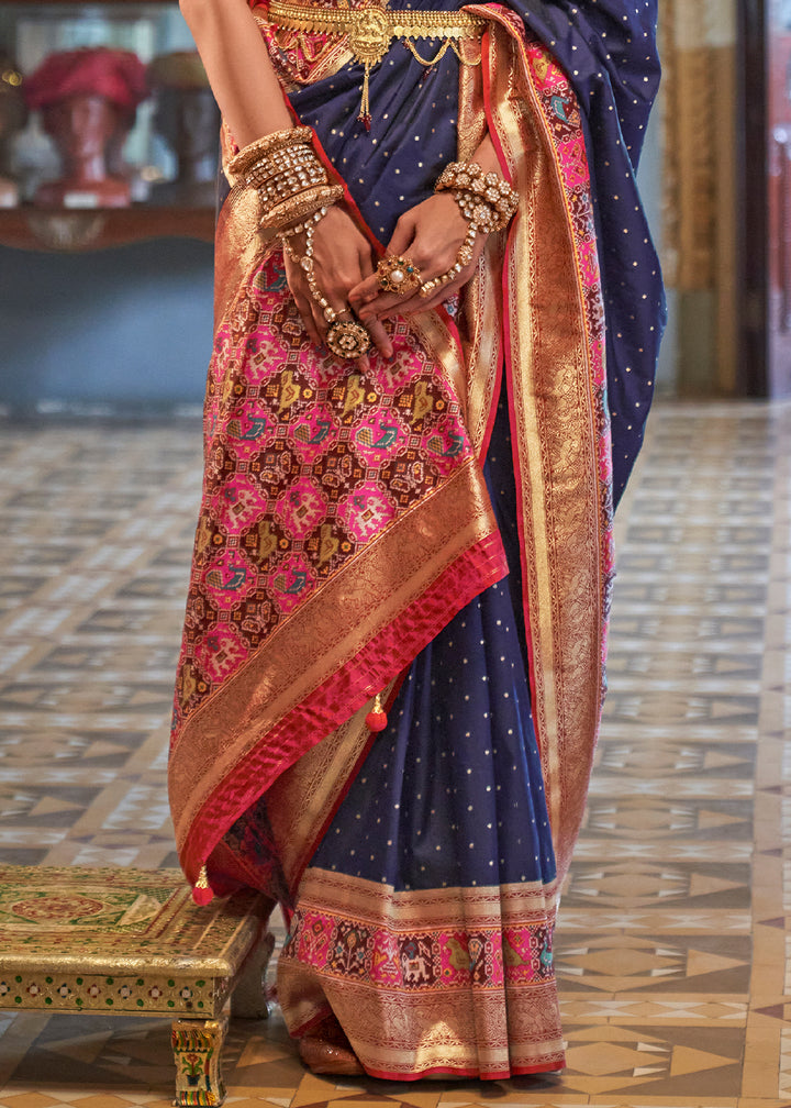 Navy Blue Banarasi Silk Saree with Rich Patola Design and Zari Highlights