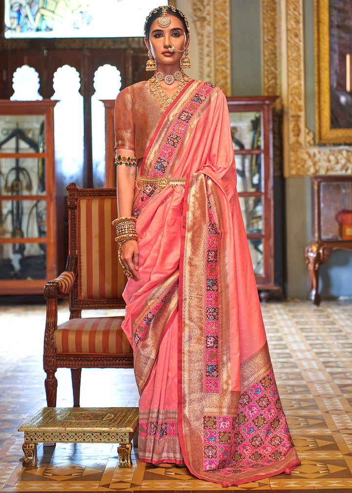 Salmon Pink Banarasi Silk Saree with Rich Patola Design and Zari Highlights