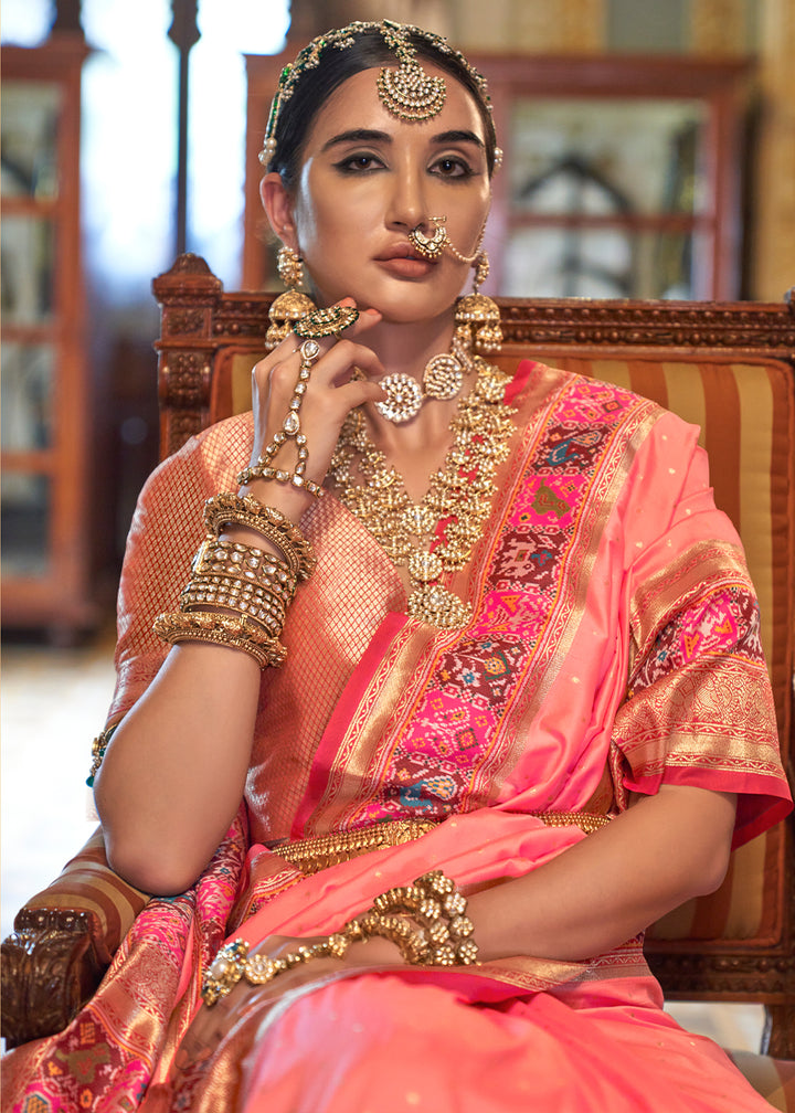 Salmon Pink Banarasi Silk Saree with Rich Patola Design and Zari Highlights