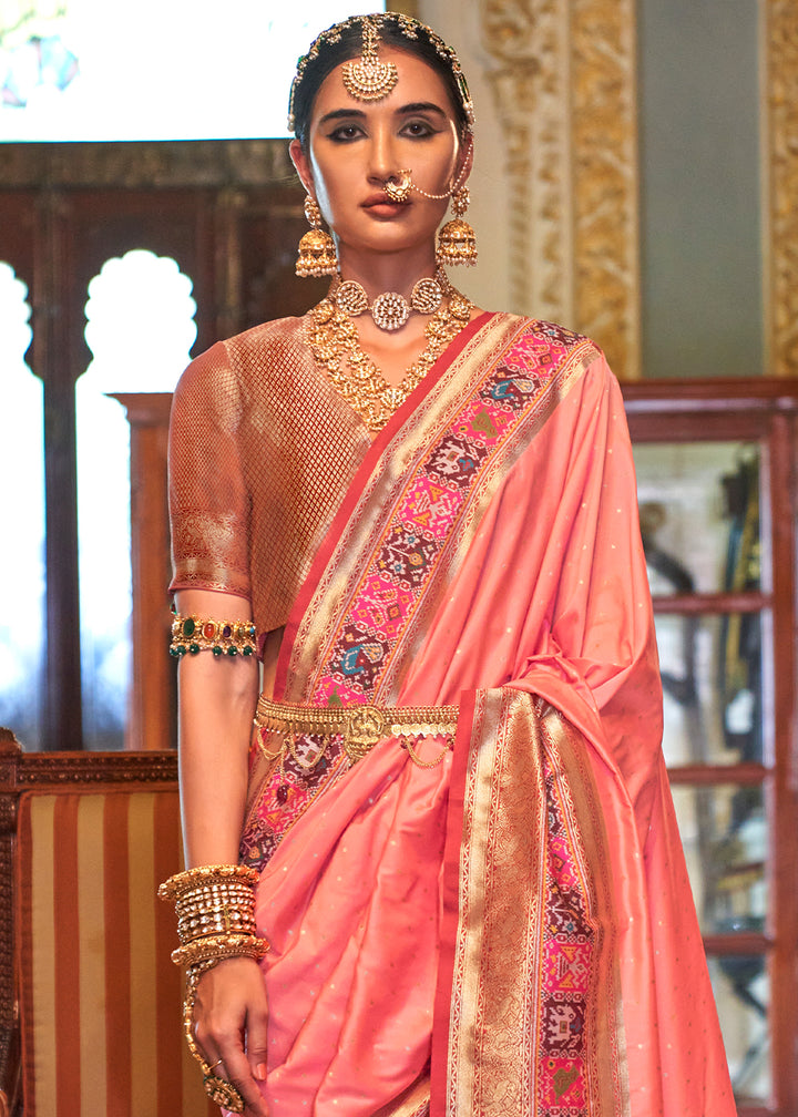 Salmon Pink Banarasi Silk Saree with Rich Patola Design and Zari Highlights