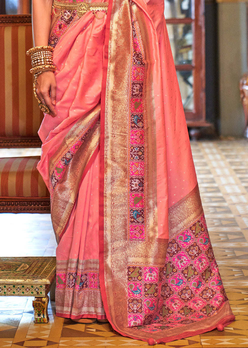 Salmon Pink Banarasi Silk Saree with Rich Patola Design and Zari Highlights