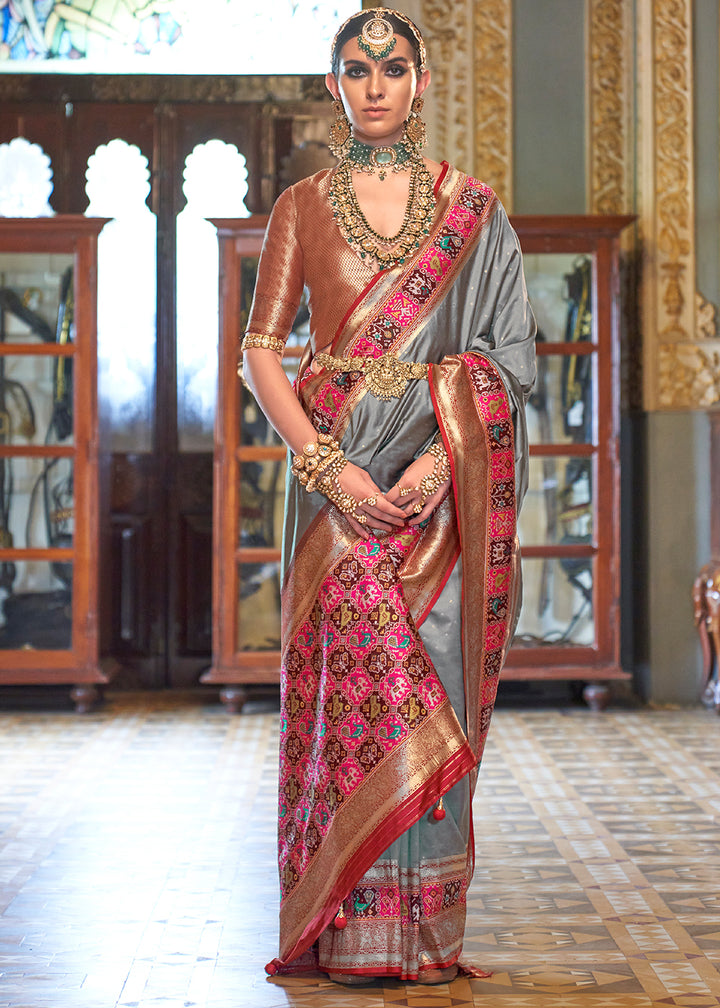 Lava Grey Banarasi Silk Saree with Rich Patola Design and Zari Highlights