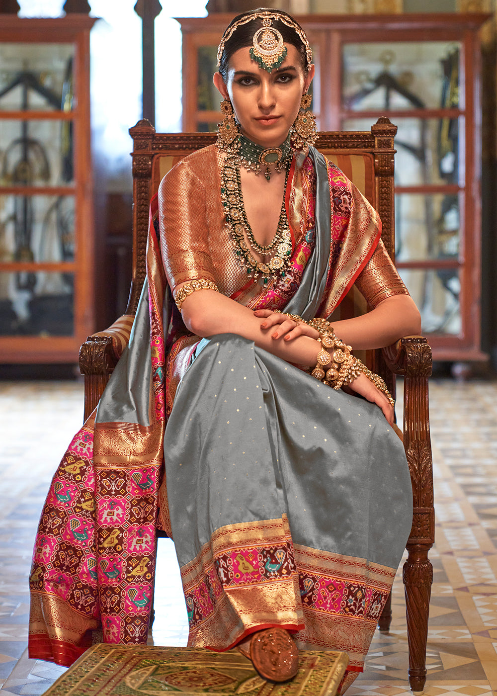 Lava Grey Banarasi Silk Saree with Rich Patola Design and Zari Highlights