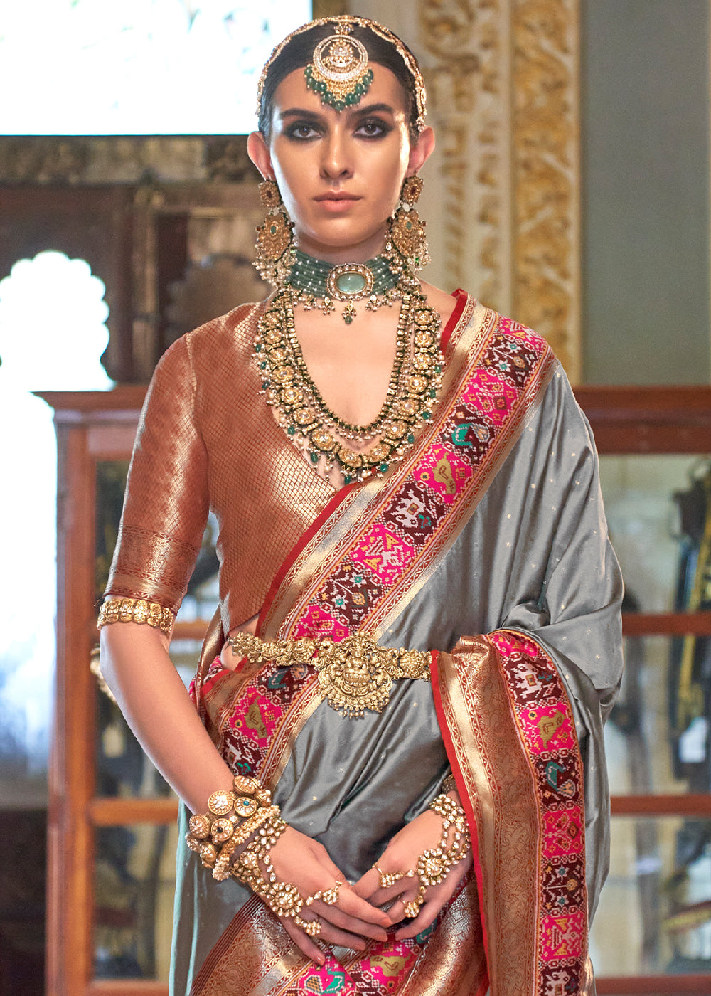 Lava Grey Banarasi Silk Saree with Rich Patola Design and Zari Highlights