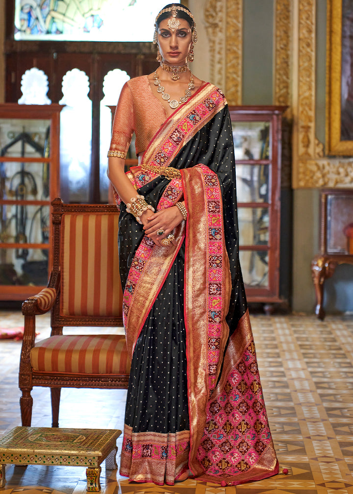 Onyx Black Banarasi Silk Saree with Rich Patola Design and Zari Highlights