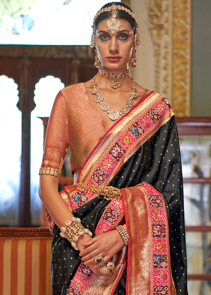 Onyx Black Banarasi Silk Saree with Rich Patola Design and Zari Highlights