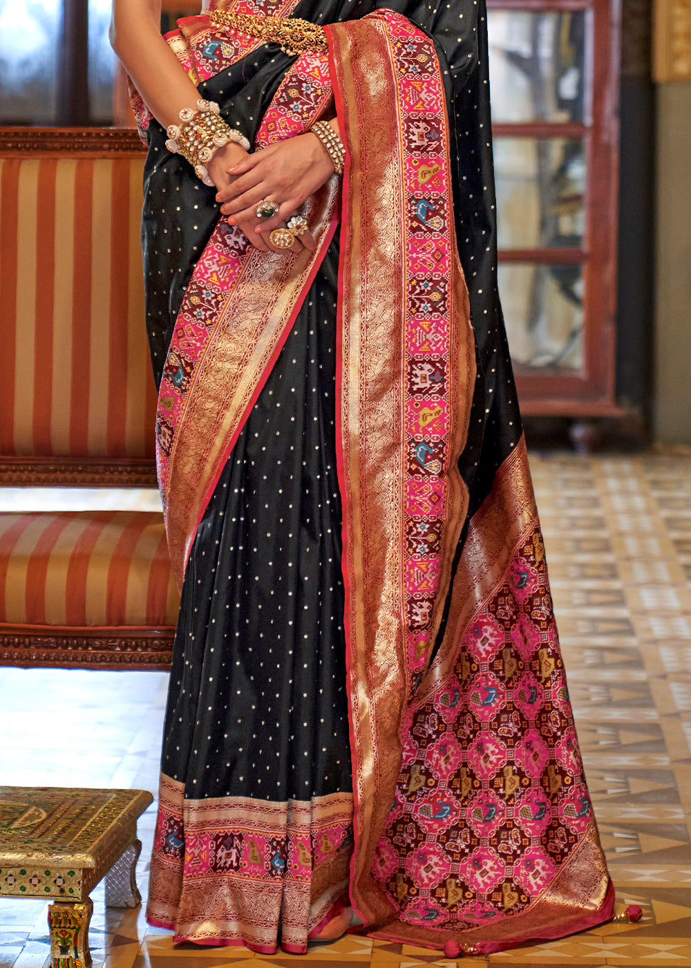 Onyx Black Banarasi Silk Saree with Rich Patola Design and Zari Highlights