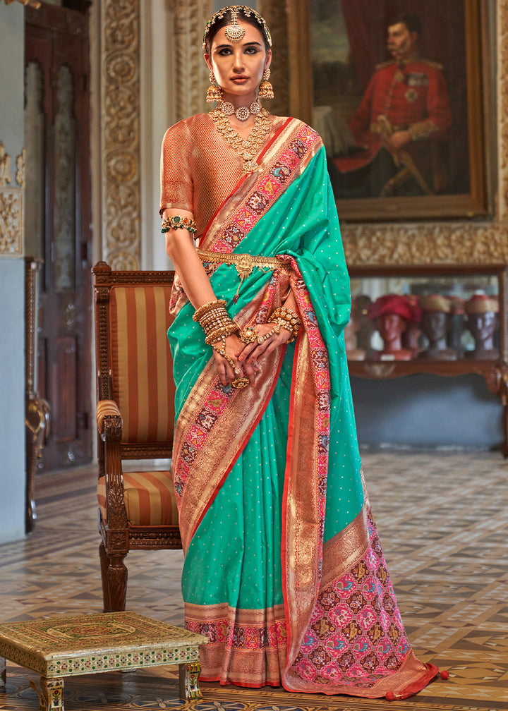 Seafoam Green Banarasi Silk Saree with Rich Patola Design and Zari Highlights