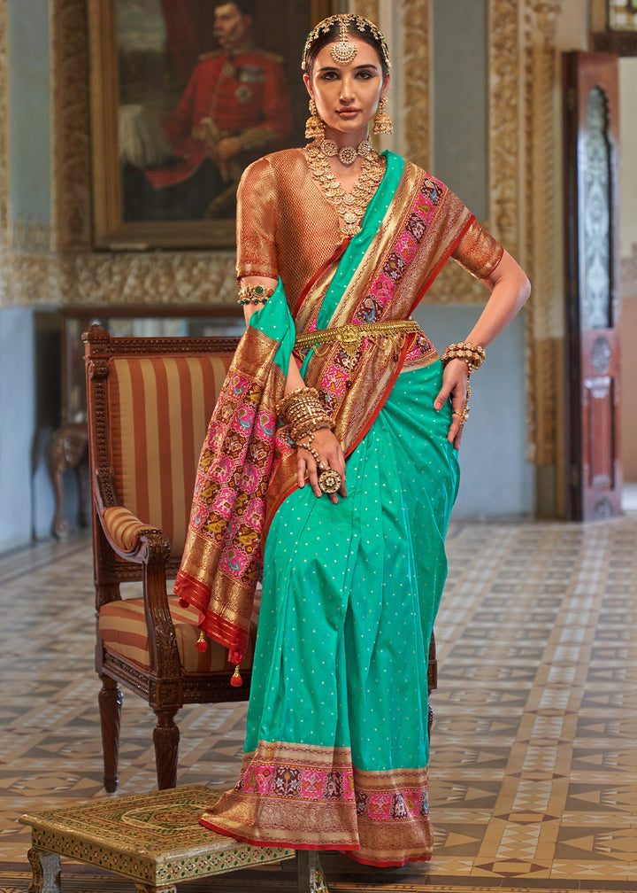 Seafoam Green Banarasi Silk Saree with Rich Patola Design and Zari Highlights