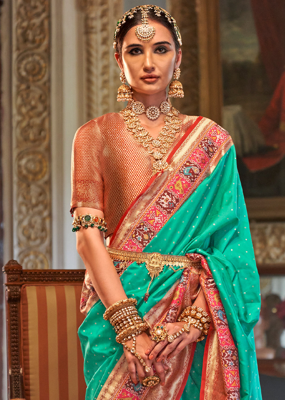 Seafoam Green Banarasi Silk Saree with Rich Patola Design and Zari Highlights