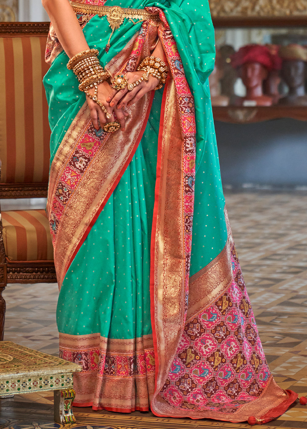 Seafoam Green Banarasi Silk Saree with Rich Patola Design and Zari Highlights